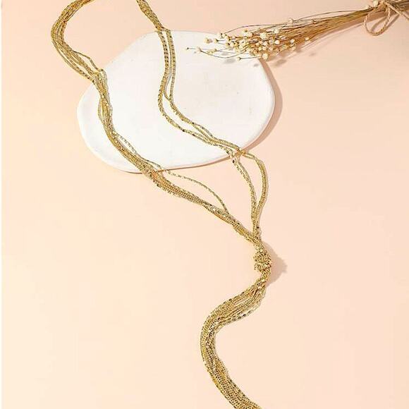 Gold Y Lariat Necklace, Multiple Strand, Statement, Boho - Picture 3 of 4